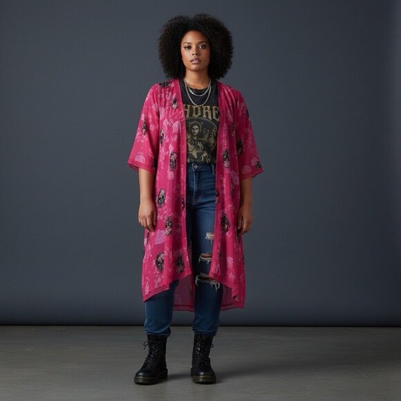 Torrid Open Kimono Womens Size 4X Pink Chiffon Gothic Skull Grunge Cardigan - Picture 1 of 11